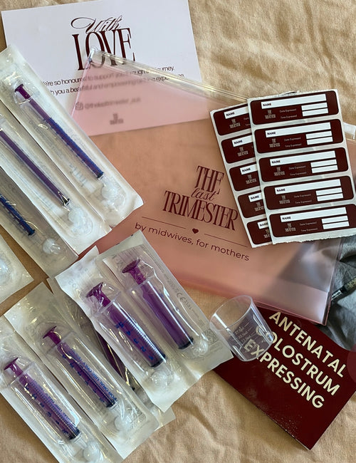 Colostrum Expressing Kit contents: 10 sterile syringes with caps, medicine cup, syringe labels, how-to guide and TLT freezer pouch